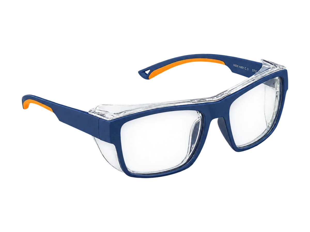 HiDX A001 Full-Frame Industrial safety frame in Midnight Blue / Orange (C.3), front three-quarter view