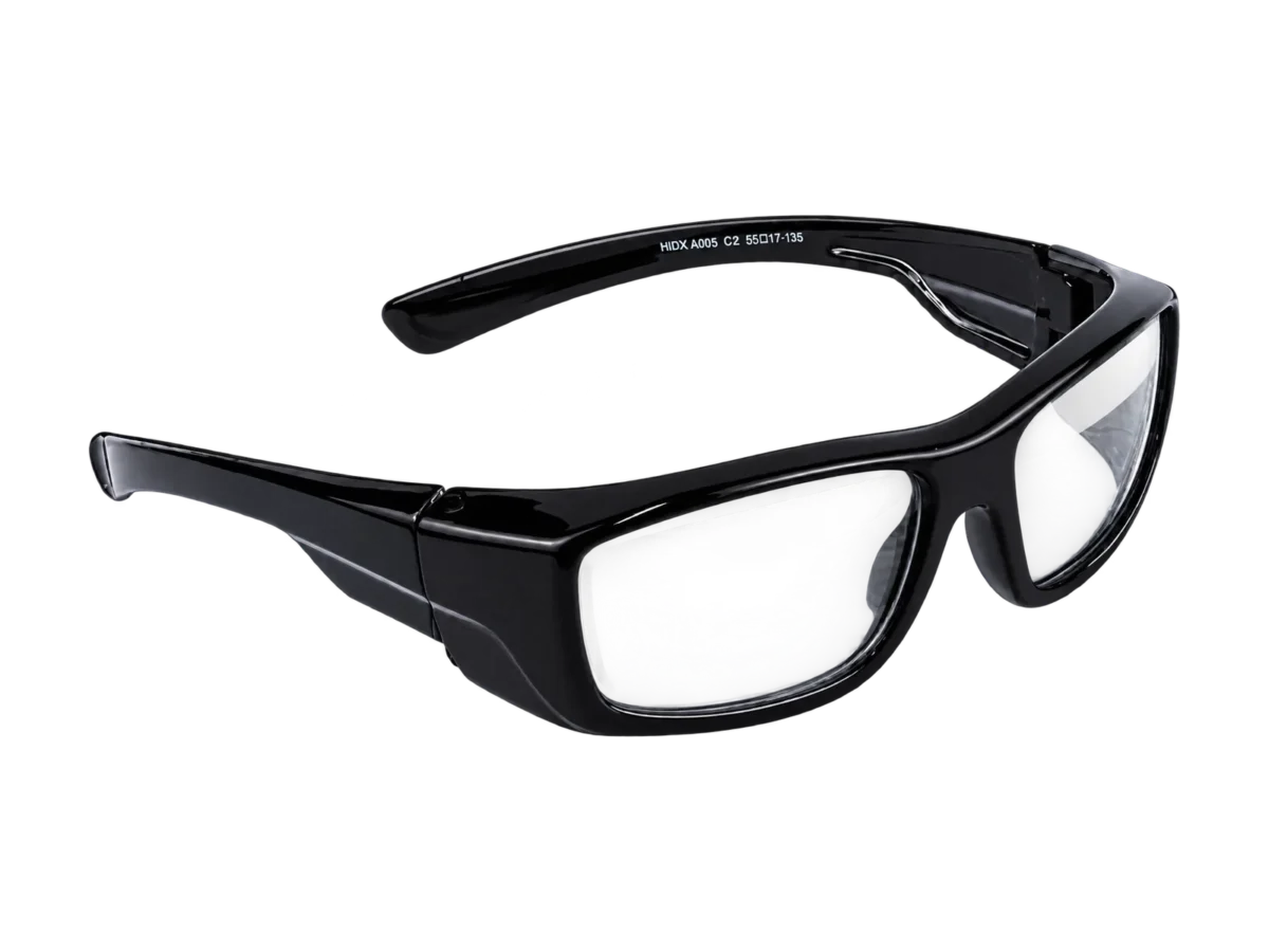 HiDX A005 Clean-Line Industrial safety frame in Gloss Black (C.2), front three-quarter view