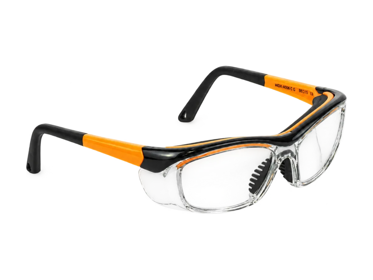 HiDX A006 Dual-Size Vented safety frame in Black / Orange / Clear (C.6), front three-quarter view