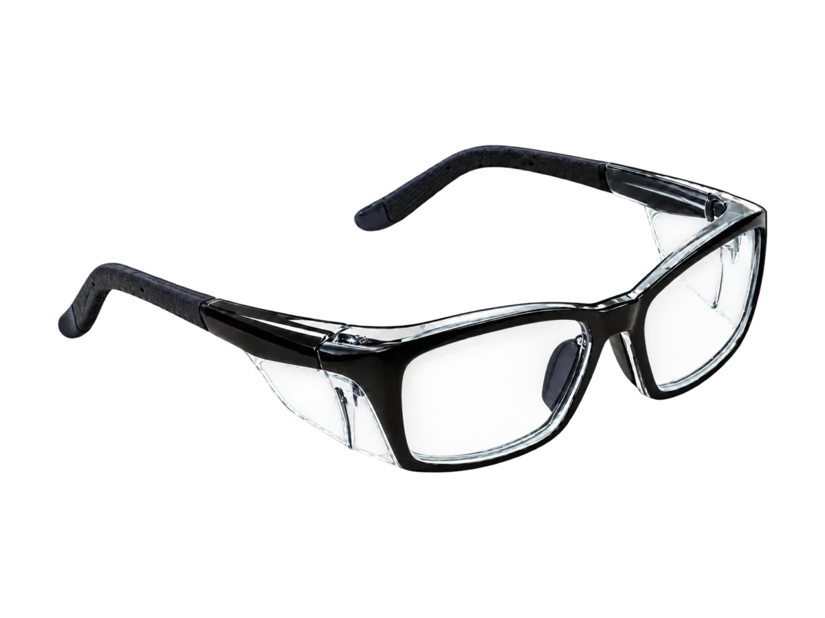 HiDX A007 Long-Temple Wrap safety frame in Black (C.1), front three-quarter view