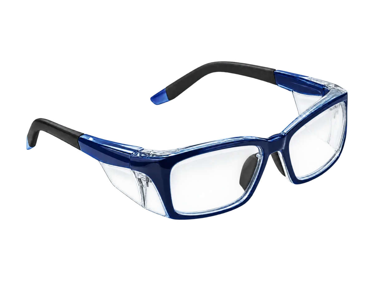 HiDX A007 Long-Temple Wrap safety frame in Navy (C.2), front three-quarter view