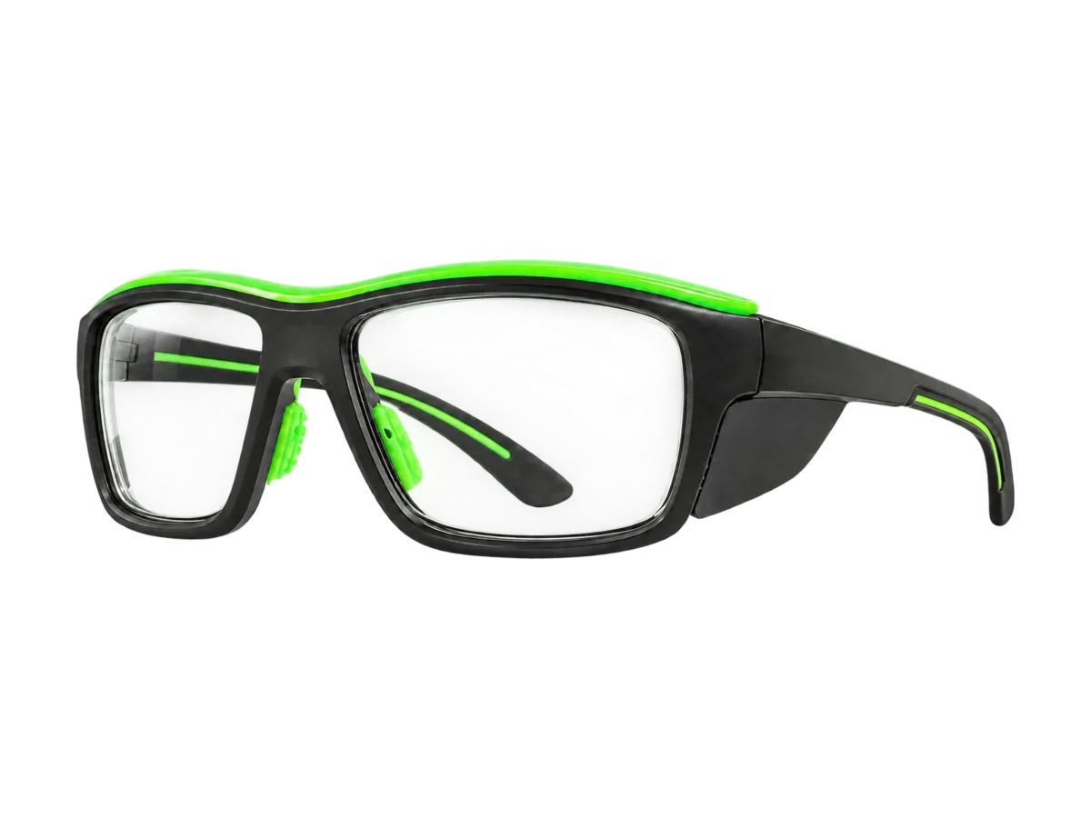 HiDX A008 Performance Wrap safety frame in Black / Electric Green (C.1), front three-quarter view