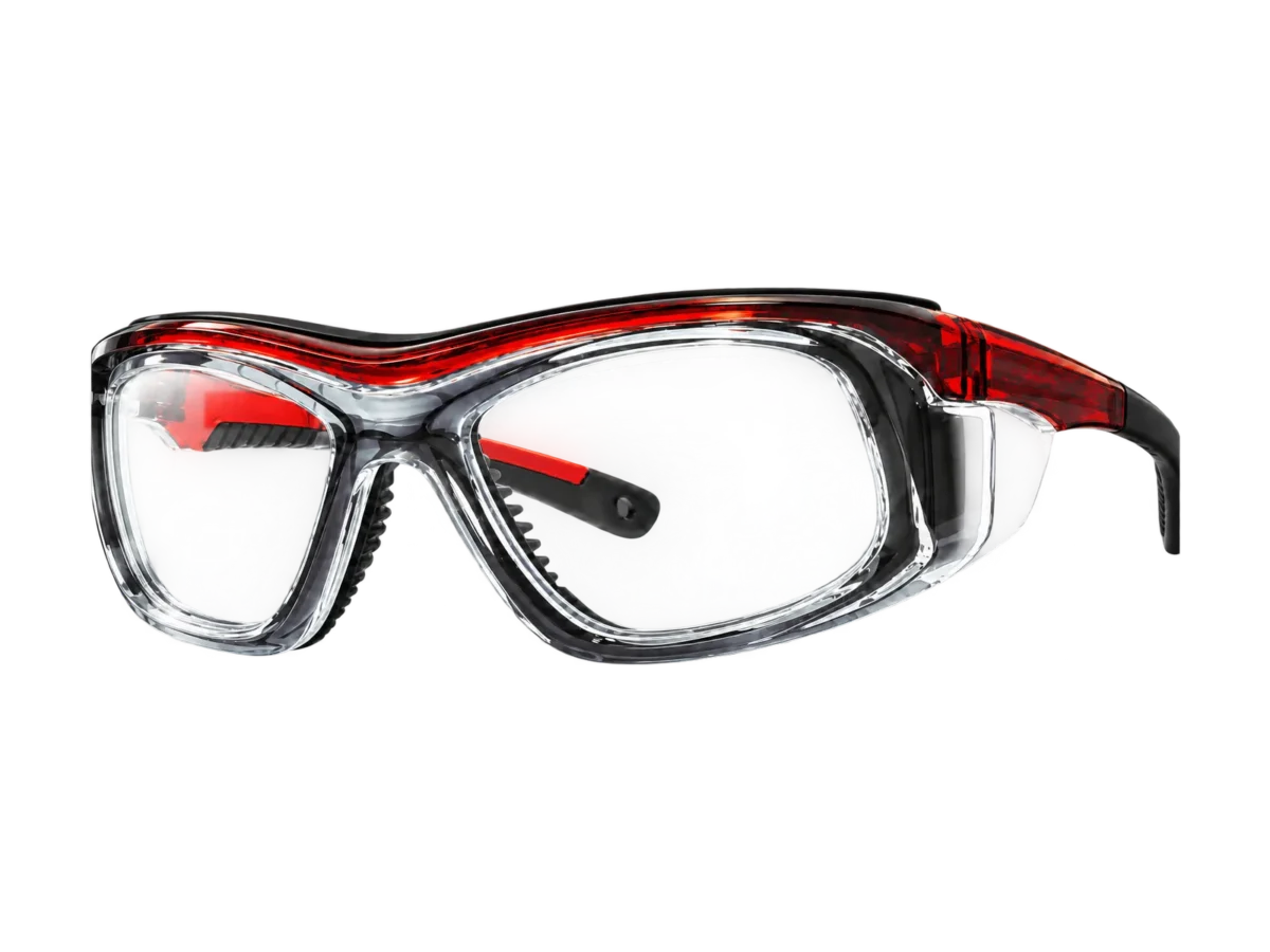 HiDX A009 Crystal Vented safety frame in Crystal Red / Black (C.1), front three-quarter view