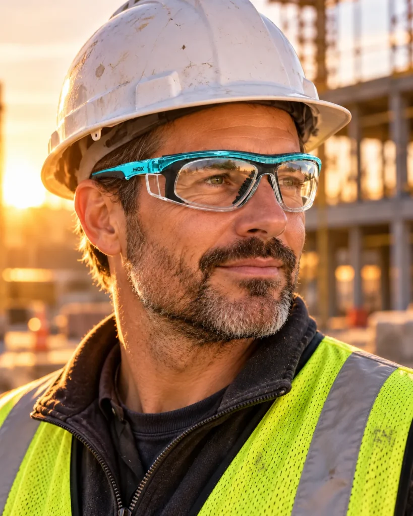 Construction worker in a hard hat and hi-vis vest wearing cyan-framed safety glasses at sunset