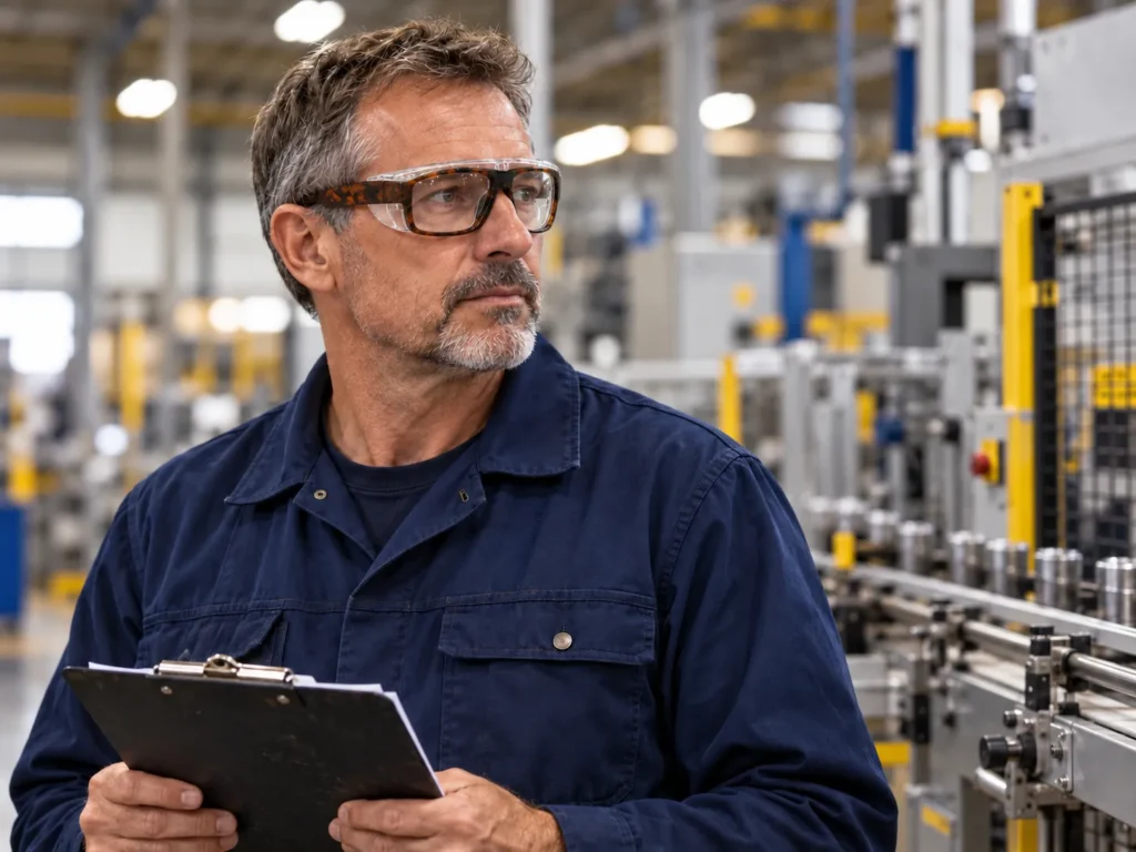 Factory supervisor with a clipboard wearing tortoise safety glasses on the production floor