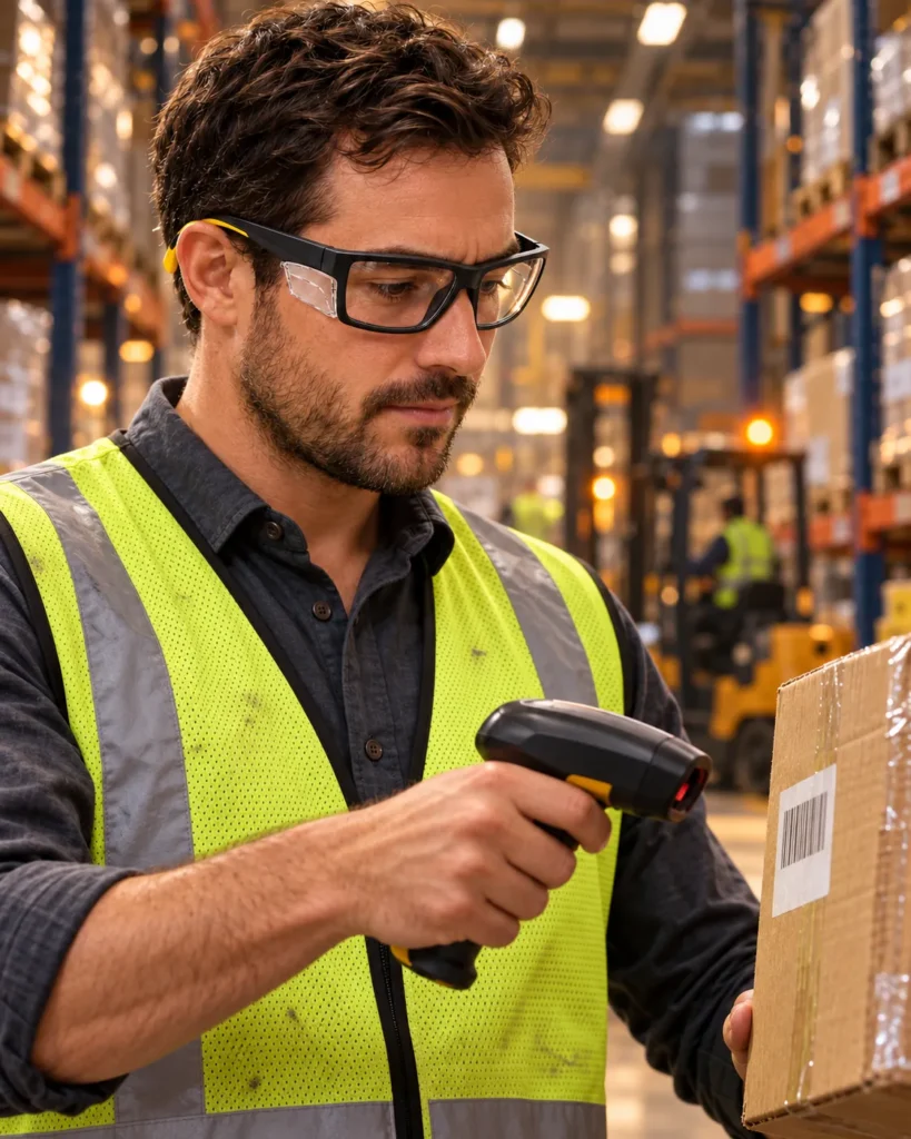 Warehouse worker in a hi-vis vest wearing safety glasses while scanning boxes